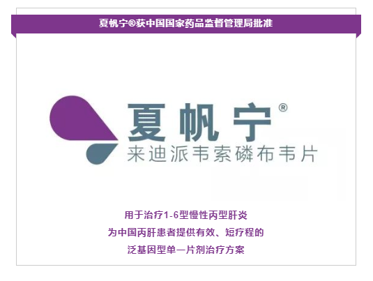 夏帆宁获得中国国家药品监督管理局批准用于治疗1-6型慢性丙型肝炎