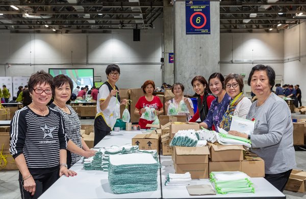 Volunteers from Sands China and local community groups build hygiene kits at The Venetian Macao for the Las Vegas Sands 2018 Global Hygiene Kit Build with Clean the World.