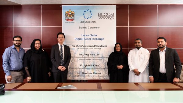 Signing ceremony for the establishment and operation of 'Locus DAX'. Third from the left CEO of Locus Chain Mr. Sang Yoon Lee, Princess of Dubai Sheikha Moaza Obaid Suhail Al Maktoum