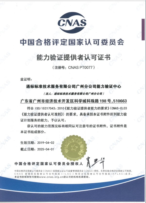 SGS通标广州分公司能力验证中心通过CNAS PTP认可（注册号：CNAS PT0077）