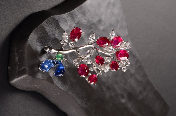 Unheated Burmese ruby and diamond brooch by Richman Jewelry
