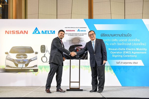 Mr. Ramesh (left) and Mr. Hsieh (right) sign the Nissan-Delta EMO Agreement for LEAF charging.