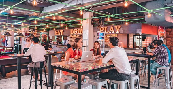 Inside The Carrot Patch @ Level Up, a coworking service that operates out of an arcade bar
