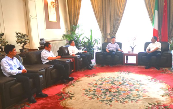中国驻意大利使馆科技参赞孙成永（右一）与刘忠范院士（右二）、阮汝祥副理事长（右三）、张锦副院长（左二）、林阿令董事长（左一）会谈