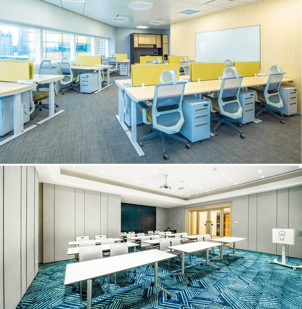 临江的服务式办公室，拥有绝佳的开阔景观（上）；多功能会议室，能举办路演、分享会、培训会等不同类型的活动（下）