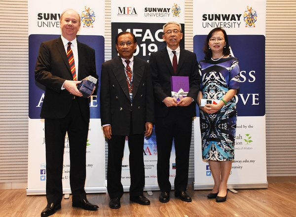 Professor Graeme Wilkinson, Sunway University Vice-Chancellor; Professor Mohamed Ariff Syed Mohamed, Head, Department of Economics and Finance, Sunway University; Chong Chang Choong, Sunway Group Chief Financial Officer and Professor Catherine Ho Soke Fun, Malaysian Finance Association President pose for a photo at the 21st Malaysian Finance Association Conference 2019