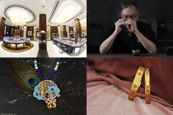 From top left (clockwise) 1. Shanghai Kimberlite flagship store 2. Principal craftsman from Shenzhen Xingguangda Jewelry at work 3. Wedding bands from Shenzhen Future Wisdom 4. BOJEM coloured gemstone jewellery collection