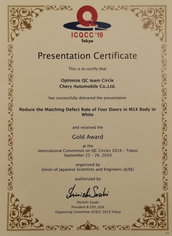 奇瑞榮獲東京第44屆國際ICQCC大會金獎