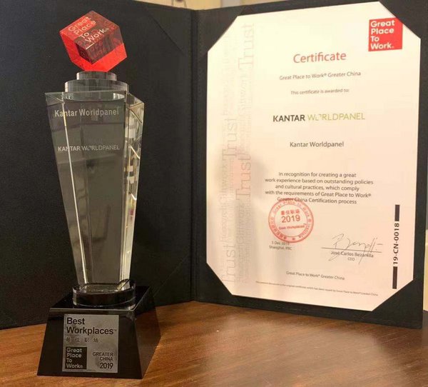5 YEARS CONSECUTIVELY - Kantar Worldpanel is awarded as one of the 'Best Workplaces(TM) in Greater China 2019' by Great Place to Work(R)