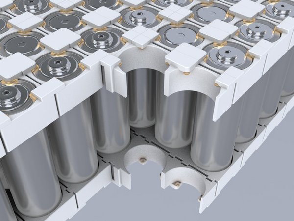 Battery modules with cylindrical cells are constructed with Covestro’s Bayblend® material and efficiently assembled with Henkel’s Loctite adhesive. (Source: Henkel)