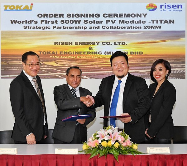 Risen Energy to provide 20MW of 500W modules to Malaysia-based Tokai Engineering, representing the world's first order for the more powerful modules