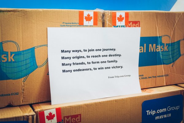Trip.com Group donated surgical masks to various countries with words of encouragement. (Canada, pictured)