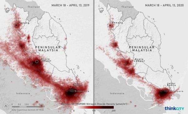 Peta-peta ini menunjukkan paras nitrogen dioksida (NO2) di Semenanjung Malaysia pada 18 Mac-13 April 2019 (kiri) dan 18 Mac-13 April 2020 (kanan). Peta-peta ini dihasilkan oleh Think City daripada data spektrometri yang diperoleh daripada satelit Agensi Angkasa Eropah Copernicus Sentinel-5P.