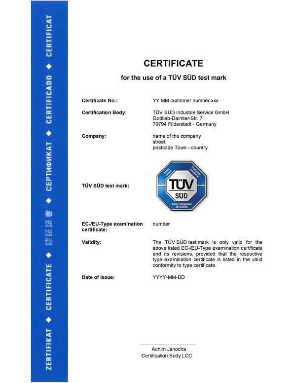 TUV南德认证标志（TUV SUD Mark）证书模板示例