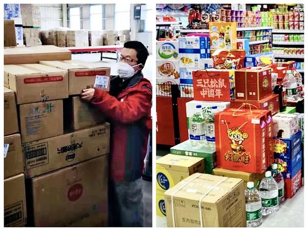新通路武汉仓工作人员整理出库，帮助武汉门店线上运营供货