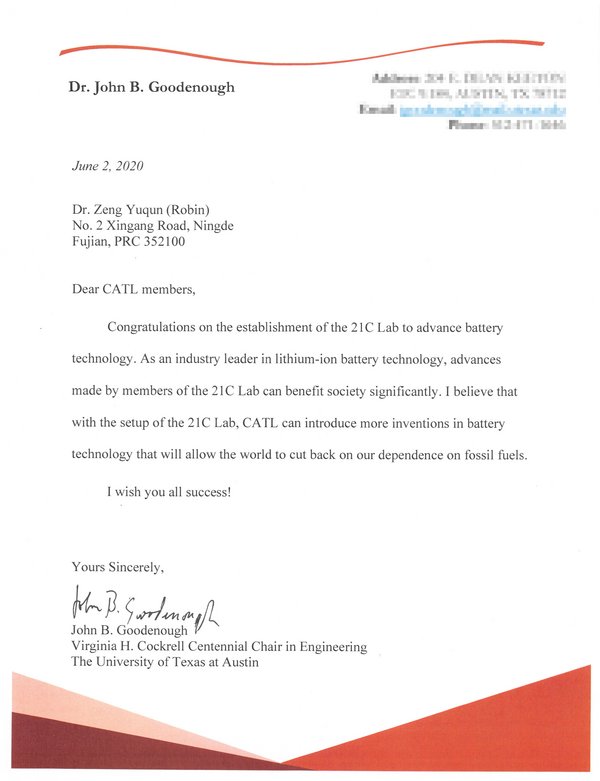 Prof. Dr. John B. Goodenough’s congratulatory letter to CATL’s 21C Lab