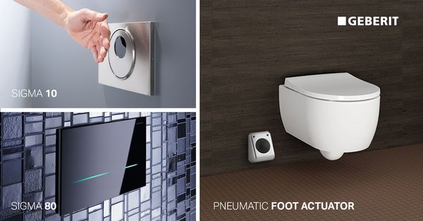 The Geberit pneumatic foot actuator is simple to install, easy to mainntain and enhances bathroom hygiene with its hands-free flushing. Touchless actuator plates such as the Geberit Sigma 10 and award-winning Sigma80 are also smart options for upgraded hygiene and aesthetics.