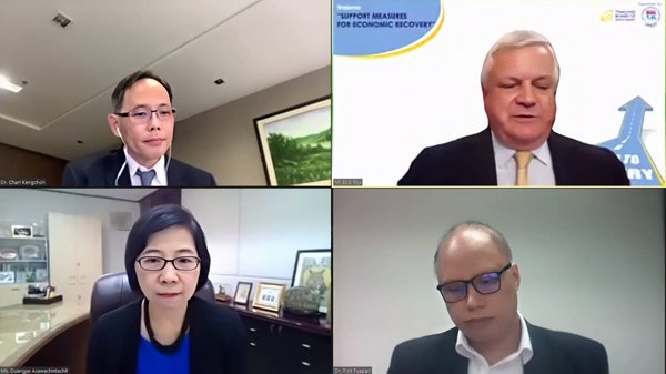 The Board of Investment (BOI) and the Joint Foreign Chambers of Commerce in Thailand (JFCCT) hosted a webinar entitled "Support Measures for Economic Recovery" during which Ms. Duangjai Asawachintachit, BOI Secretary General, Dr. Pisit Puapan, Executive Director, Macroeconomic Policy Bureau, Ministry of Finance, Dr. Charl Kengchon, Executive Chairman, Kasikorn Research Center, and Mr. Bob Fox, from the JFCCT, discussed the measures taken to help businesses get back on the road to recovery.