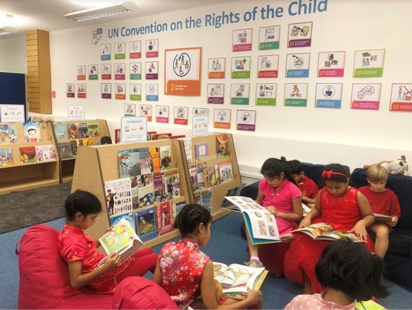Library space dedicated to the UN Convention on the Rights of the Child (UNCRC). There are over 300 books in the collection, each related to a specific UNCRC article.